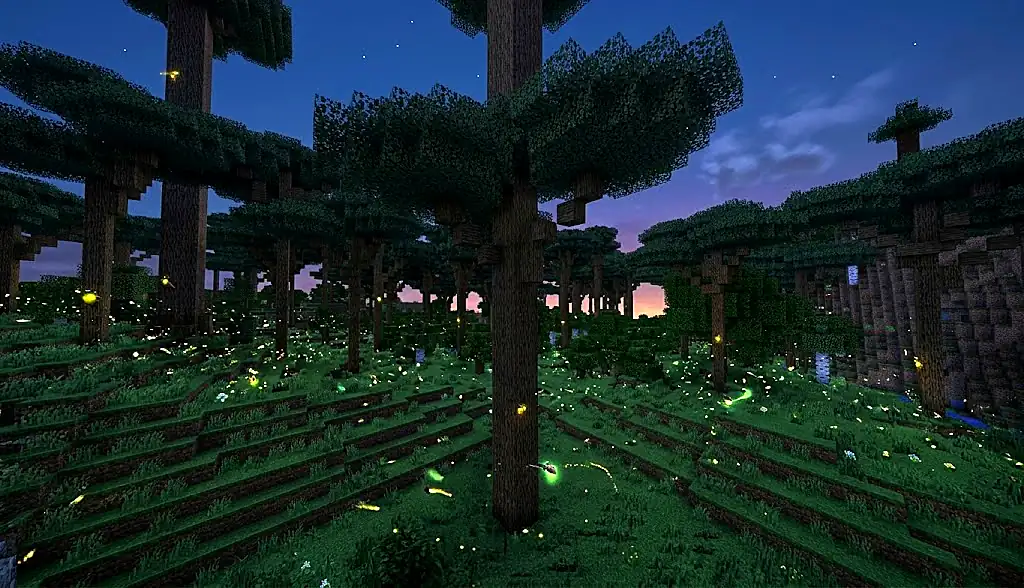 Twilight Forest dimension with giant canopy trees and fireflies at dusk