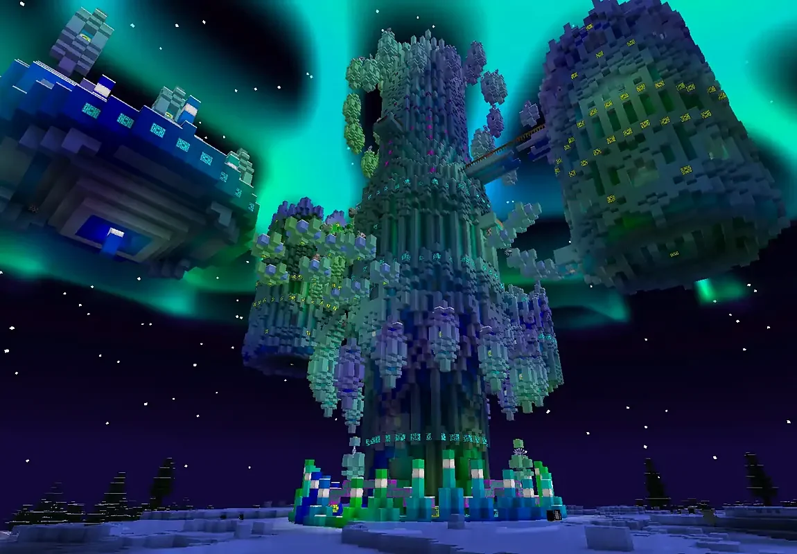 Twilight Forest dimension in Minecraft at dusk